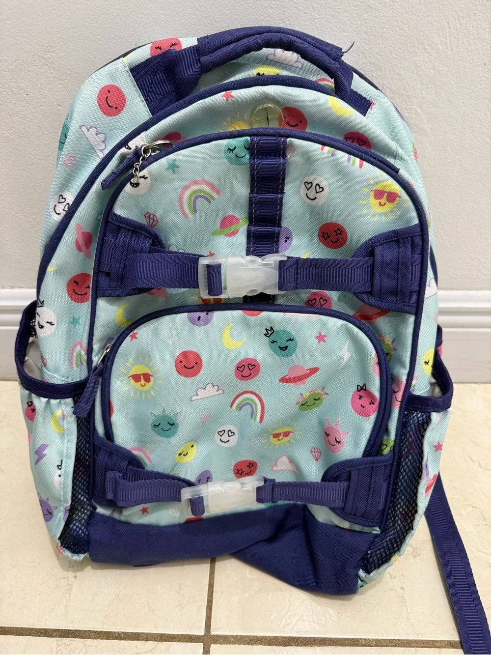 Pottery Barn Kids Mackenzie Large Backpack Bookbag blue-smiley faces GUC